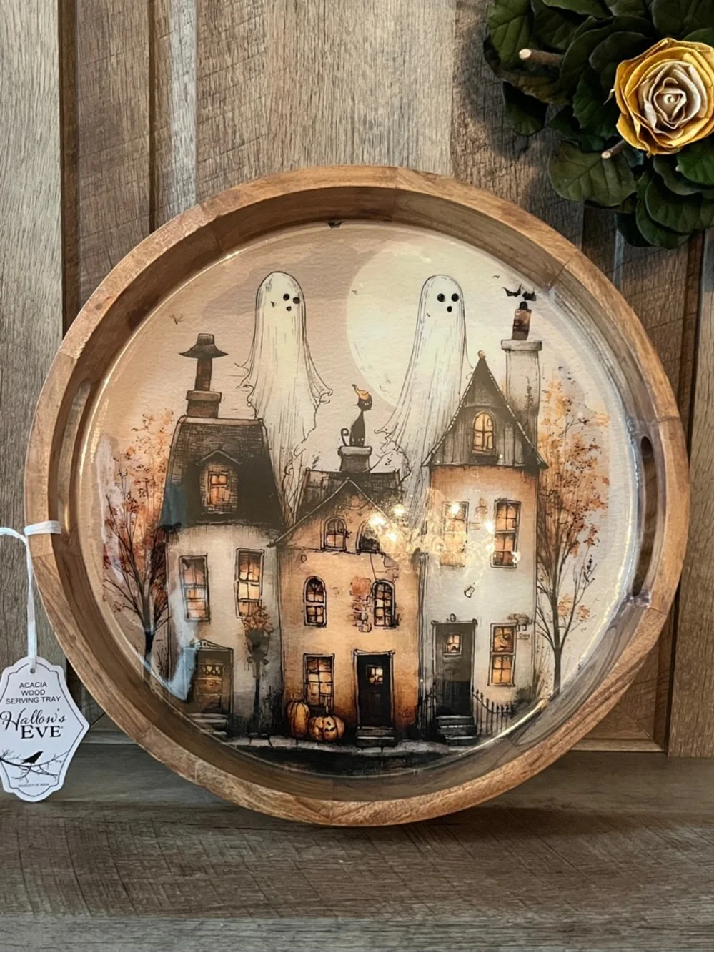 Viral Halloween Whimsical Ghost Wooden Tray Haunted House